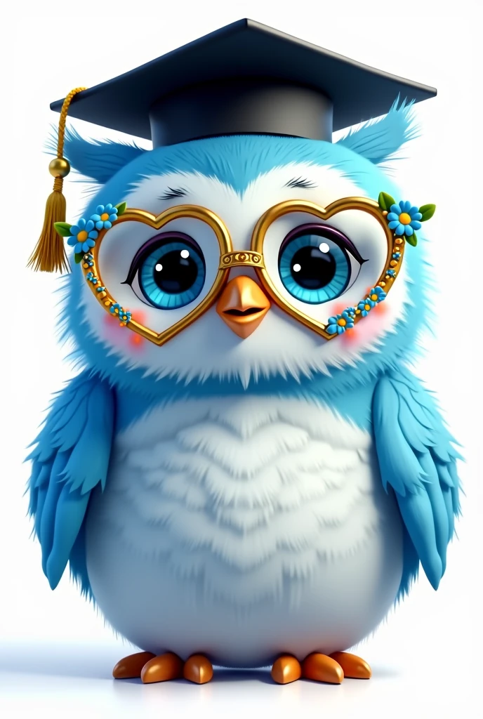 Disney Pixar style blue owl, golden glasses with delicate blue flowers and green leaves with heart shaped frames, blue eyes loving and happy, Grinning, with smooth feathers, fundo png, with graduation style teacher hat in black color