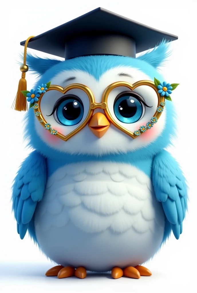 Disney Pixar style blue owl, golden glasses with delicate blue flowers and green leaves with heart shaped frames, blue eyes loving and happy, Grinning, with smooth feathers, fundo png, with graduation style teacher hat in black color