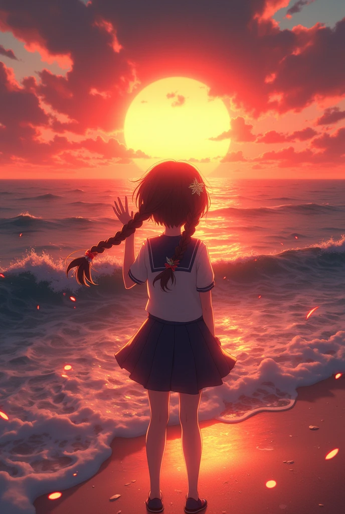 1girl, solo,smile, beach,(sunset:1.1), akagi_rin(denchi-project), solo, star hair ornament, twin braids,sparkle, from behind, looking back, huge sunset,red floating, uniform, night, waving, sea