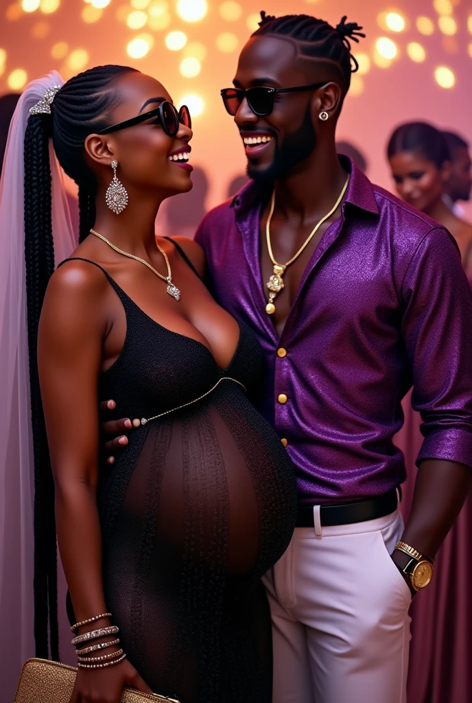 VERY BEAUTIFUL LIGHT SKINNED WOMAN FROM RWANDA. SHE IS IN EARLY STAGE OF PREGNANCY. SHE IS WEARING A LONG BLACK SEE THROUGH DRESS WITH DIAMONDS. SHE IS WEARING BLACK SHADES. SHE HAS LONG BRAIDED HAIR TIED WITH WHITE VEIL. SHE IS WITH HER HUSBAND OUT ON A DATE AT A PARTY WITH FRIENDS. HE IS WEARING BLACK SHADES AND HE HAS SHORT TIED HAIR BRAIDS. HE IS WEARING A PURPLE SHINNING SHIRT AND A WHITE SHINNING SUIT. HE IS WEARING A GOLDEN NECKLACE AND A GOLDEN WATCH. HE IS LAUGHING LOUD WITH HIS PREGNANT WIFE. SHE IS HOLDING A GOLDEN GLITTERING HAND BAG