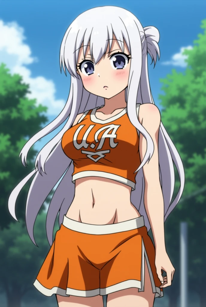 Screenshot My hero academia, Appearance: long white hair with some black strands, pale skin, flat stomach, big breasts, waist, linda, parts, The girl is wearing the orange UA cheerleading uniform and has an upset face.