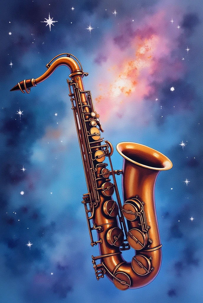 Imagine an image where a saxophone is highlighted against a background of outer space., painted in watercolor style. The soft, fluid colors of the watercolor blend into shades of dark blue, roxo e rosa, representing nebulae and stars in the cosmos. The saxophone, positioned in the center, displays delicate details, as if enveloped by the energy of the space around you. The musical notes seem to flow from the instrument, integrating into the celestial scene, creating a dreamlike and serene atmosphere.