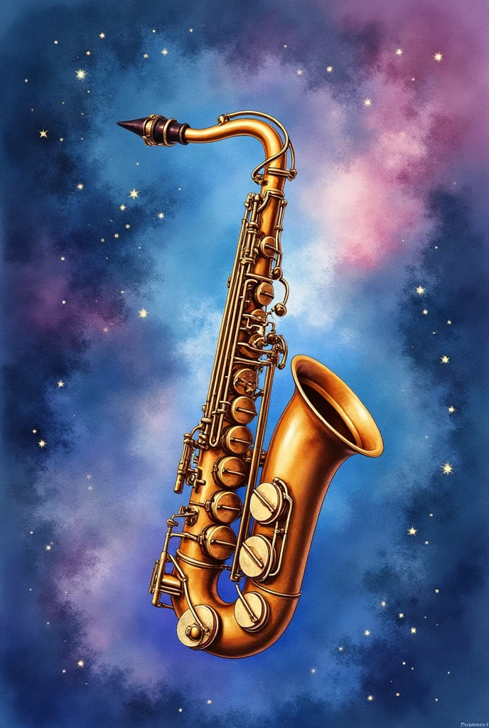 Imagine an image where a saxophone is highlighted against a background of outer space., painted in watercolor style. The soft, fluid colors of the watercolor blend into shades of dark blue, roxo e rosa, representing nebulae and stars in the cosmos. The saxophone, positioned in the center, displays delicate details, as if enveloped by the energy of the space around you. The musical notes seem to flow from the instrument, integrating into the celestial scene, creating a dreamlike and serene atmosphere.