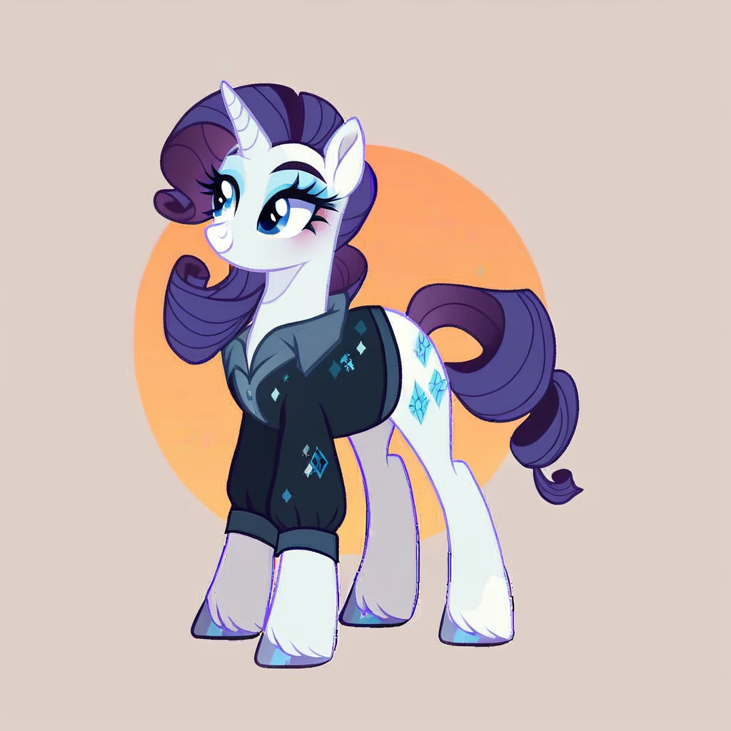 score_9, score_8_up, score_7_up, score_6_up, score_5_up, score_4_up, show accurate, full body, simple background, feral pony, female pony, unicorn, redesign of Rarity, with outfit and acessories