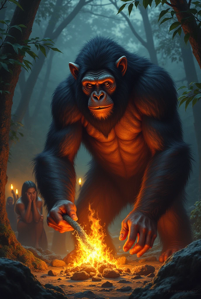 The ape picks up a burning stick. Although his group is fearful, Kura realizes the power of fire and brings it to camp, where it protects him during the night.