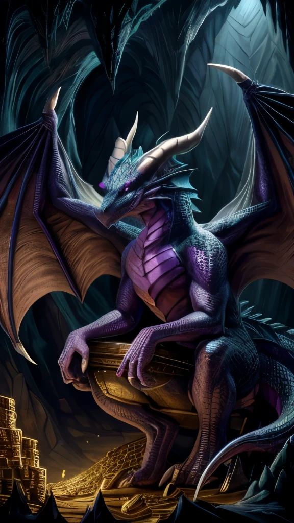 Purple and teal colored dragon. highly detailed with scales, and large bat-like wings. perched on a mountain of treasure inside a cave. dark lighting.