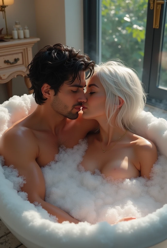 Black man sucking his lover&#39;s breasts in a bathtub 