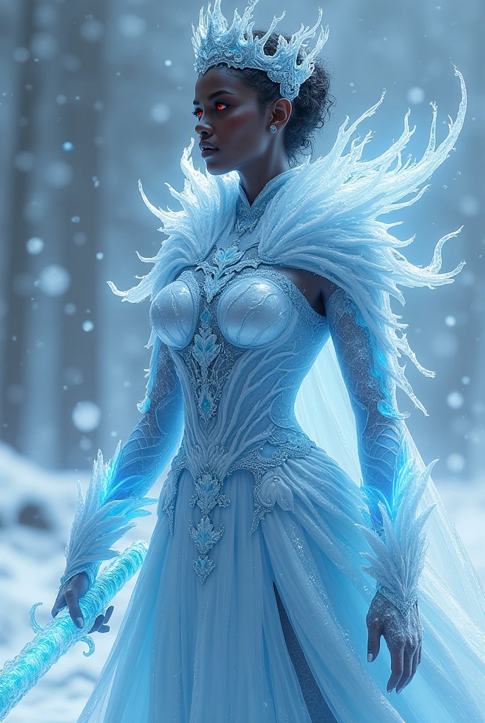 Black woman has ice power, red eyes and armor made entirely of ice, has a dragon inside her that lives as a host, has an ice crown on her head and a katana