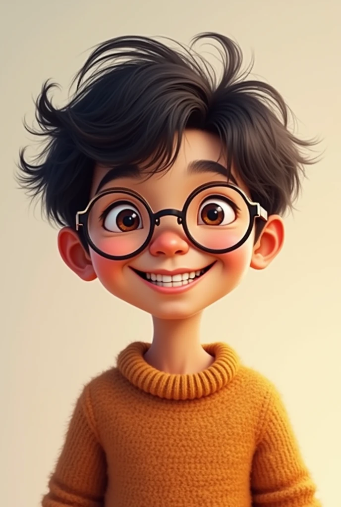 I want a skinny mixed-race boy with small Chinese eyes who wears glasses, a small nose and a big smile where you can see his teeth., must have churon hair and be dressed in a heater