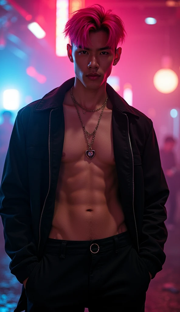 Hot Korean man with defined pink hair, black  jacket with white hair open shirtless , tight black pants, front view, K-idol, hot , sexy , k-idol bdsm , BDSM , street club, masterpiece  