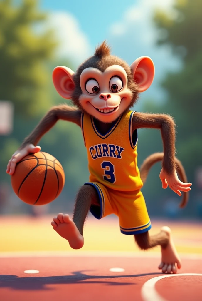 Monkey playing basketball with name on shirt curry