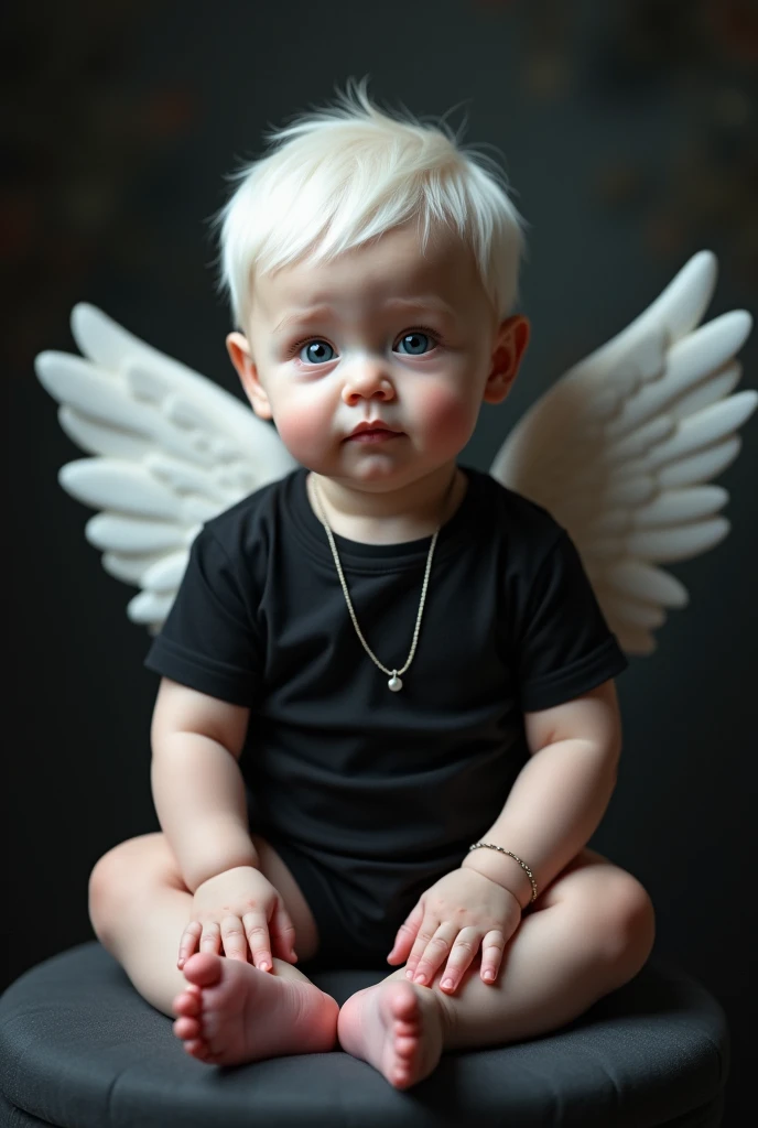   boy  like a fairy face smooth skin pink lips white hair perfect body setting on the chair and have necklace with black t-shirt and dark smoke background with wings of an angel 
