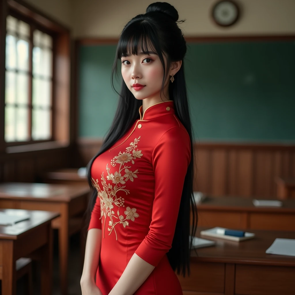 Asia girl with smooth skin,Bangs,black hair,hair bun,(beautiful bra, C shape), wearing a chinese Cheongsamred uniform, a tight fit, The background is a classroom,The most realistic picture.