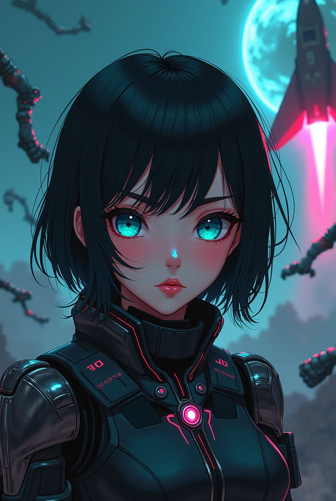 An asian woth big eyes black hair, robotic arms, face focused, with a rocketship background, blue and pink cyberpunkish colors, more anime like and presenting horror and dark environments, darker and more robotic background with 10 robot arms disconnected in the air at the background and horrifying, like an album cover. A foggy dark environment. Not so bright. Not so realistic. Neon blue neon pink neon green lights. Blue green eyes. 1×1 picture. Add a futuristic sword or futuristic gun