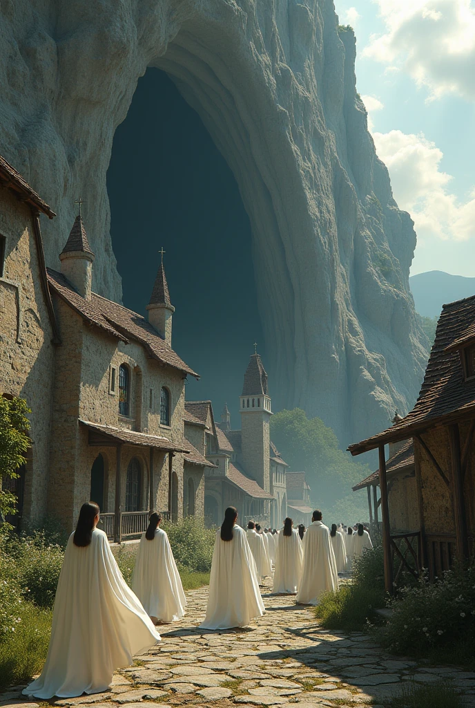 An epic fantasy scene featuring a medieval Cathar village near a cave with many men and women in white dresses. Cinematic vision, sharp details.