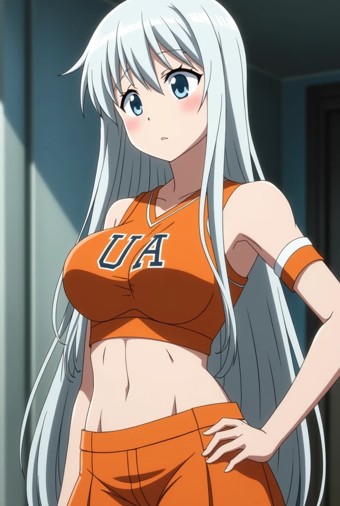 Screenshot My hero academia, Appearance: long white hair with some black strands, pale skin, flat stomach, big breasts, waist, linda, parts, The girl is wearing the orange UA cheerleading uniform and has an upset face.