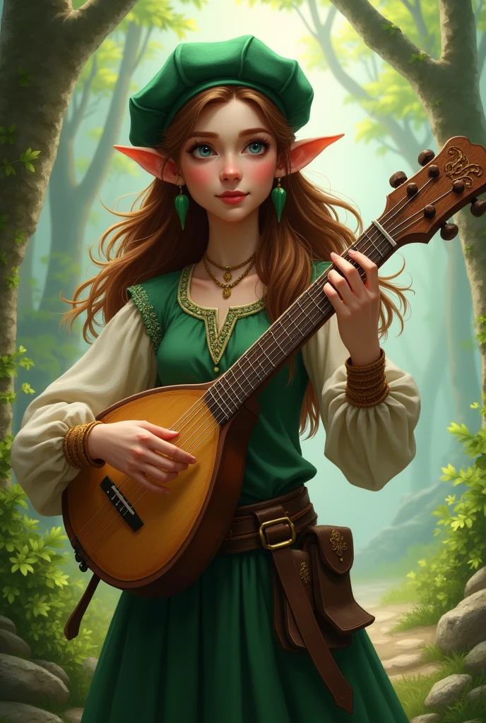 Bard, half-elf, lute, brown hair, silver eyes, green beret