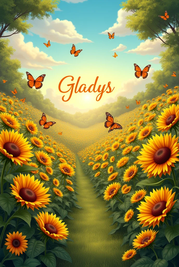 Image by Gladys: Large Expanded Garden Theme of Sunflowers and Butterflies. Imagine a vibrant garden with sunflowers with the name gladys in the background
