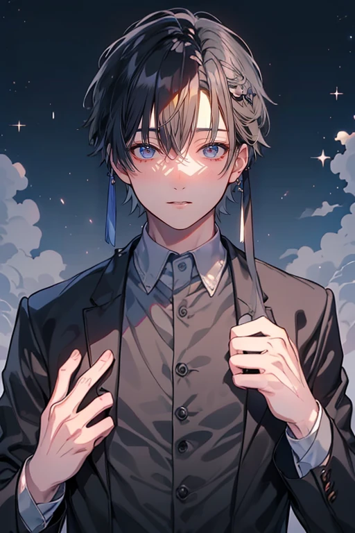 (Mastepiece)、(Best Quality)、Very detailed、((Two friendly men:1.4))、Perfect Face、Beautiful Face、Very detailed顔、(Black-haired man:1.3)、(Grey-haired man:1.3)、shirt、suit、Night Sky