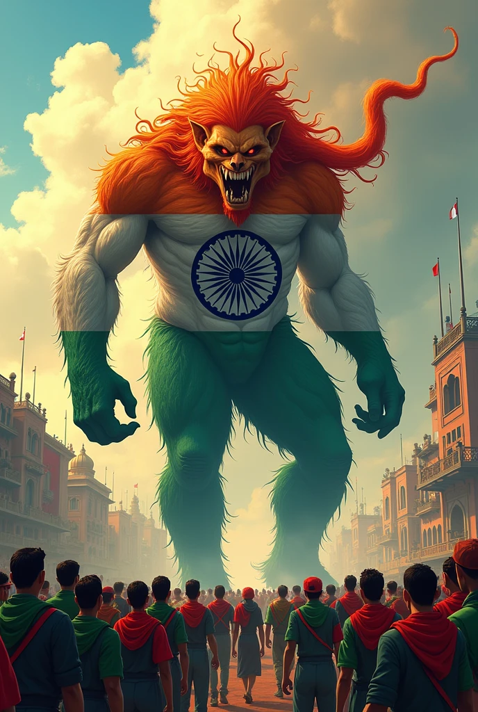 Make a photo about Bangladesh and india relationship of friend but also show background that india has selfish interest and their secret reason of friendliness using colourful animation as india a big monster attacking using indian flag colour body and show that Bangladesh as many man using colour green and red on them
