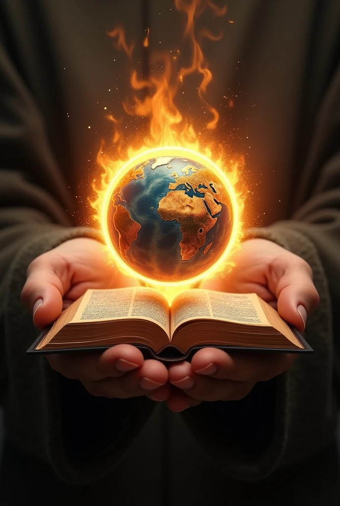 Two open hands with palms facing up, on top of the hands an open bible and a globe on top of the bible. Rings of fire surrounding the globe, looking like fire is entering the globe. no back ground. Very realistic and magical