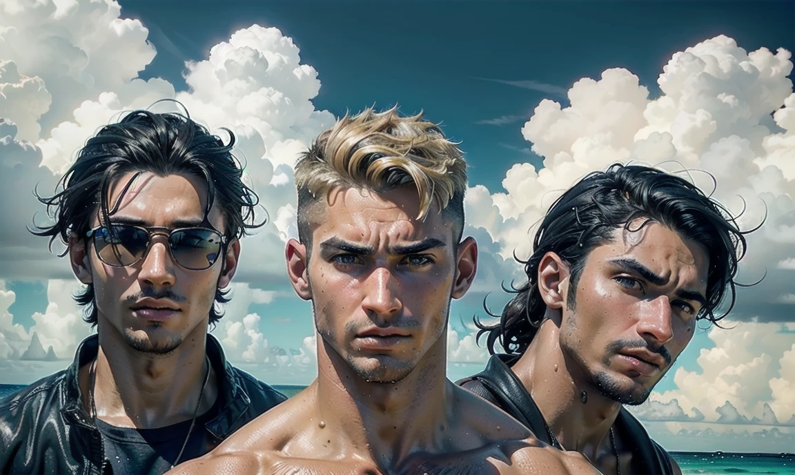 [((highly detailed, detailed eyes, detailed face, clear and realistic facial features, photorealistic, realistic light, cinematic, close up)), ((((3 men, each man looks unique, each man has a different natural hair color and different facial features and skin color)))), (((sexy male college-age jocks standing on the beach and looking angry or frustrated))), ((wearing weathered casual clothes)), ((wet)), ((beautiful deserted tropical island with a storm in background))]