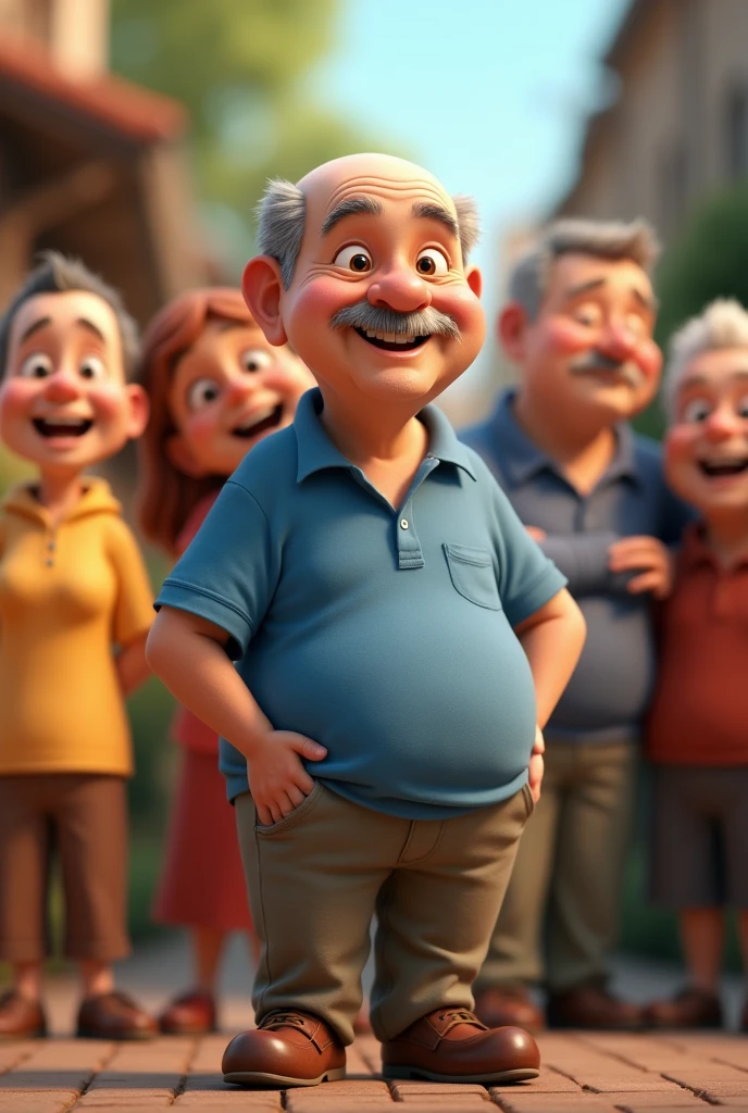 jm disney pixar 3d drawing of an elderly man about 7 with gray hair on the sides and bald , and gray mustache . wearing a blue polo shirt and dress pants. social shoe, happy and having fun with humble people around you 