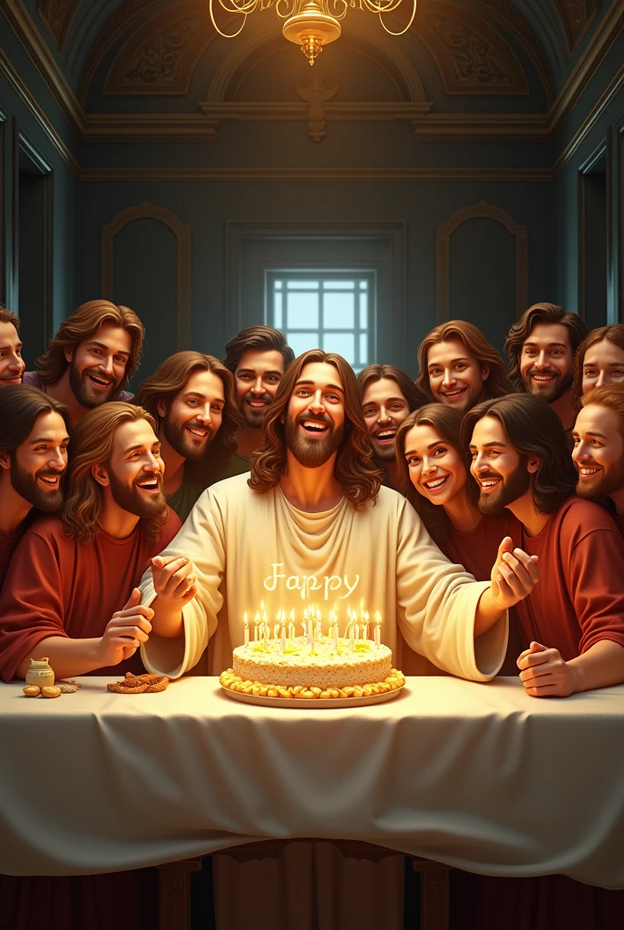 Selfie of a beautiful smiling Jesus showing the 12 apostles celebrating Jesus' birthday in the image of the last supper taking a selfie, and a sign that says "Happy Birthday Jesus "