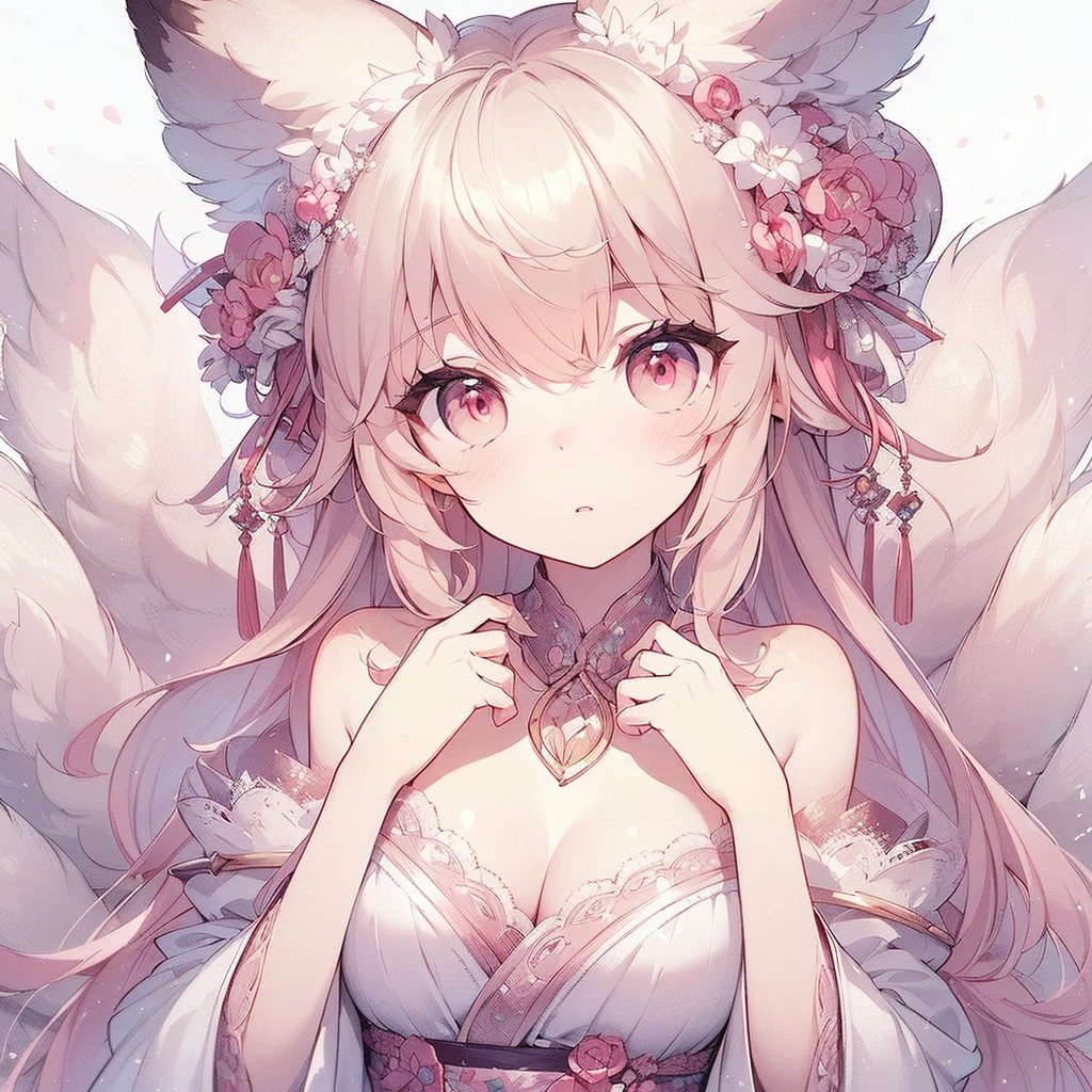 (An exquisite and beautiful highly detailed masterpiece, High quality and high resolution),(A two-dimensional illustration inspired by pixiv, featuring a delicate and beautiful face with a mature, clear, well-balanced look drawn with thin lines. A cute and delicate beautiful girl illustration in pastel colors.),A beautiful, gentle and quiet girl with fluffy fox ears and a tail, cat-like animal eyes, a small mouth, a high nose, and small, sharp fangs, blushes and shyly covers her mouth with both hands, looking up.,Sleeveless sweater,Floating hearts on a white background,(She has light brown, wavy bob hair, fair skin, short eyebrows, pale pink cheeks, a very small nose, small pointed fangs in her mouth, plump pink lips, beautiful animal-like eyes, and a fairly large, plump bust. She is a cute girl with a good figure.),Vibrant colors that stand out,Colored pencil art,Heart mark behind the eyes,Kissing Face