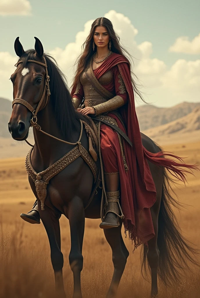 Tomiris Iranian queen, warrior, long hair, in the steppe, holding the reins of a horse, the horse stands nearby