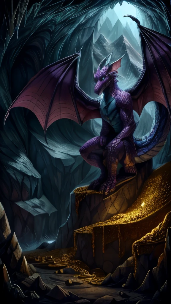Purple and teal colored dragon. highly detailed with scales, and large bat-like wings. perched on a mountain of treasure inside a cave. dark lighting.