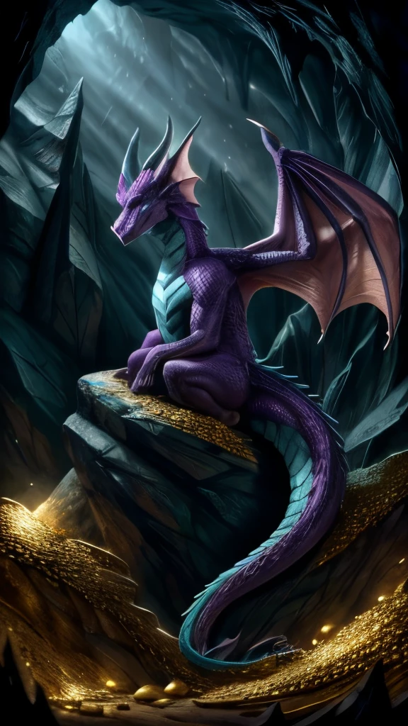 Purple and teal colored dragon. highly detailed with scales, and large bat-like wings. perched on a mountain of treasure inside a cave. dark lighting.