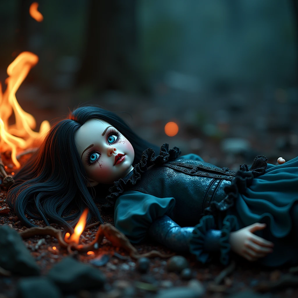 Long black hair. Teal blue eyes, Male, Blue and black frilly gothic clothes, Surrealism, Masterpiece, Shiny, Gloomy effects, 8k, super detail, Shiny, Beautifully detailed, Pretty drawn. Make it a scary doll. He's a doll. He's lying on a burning pile. Bloody. A scary doll. Anime style. Bloody doll. Scary, dusty, bloody doll. Burning. Dark. ((Scary lullaby)) (((dark atmosphere))