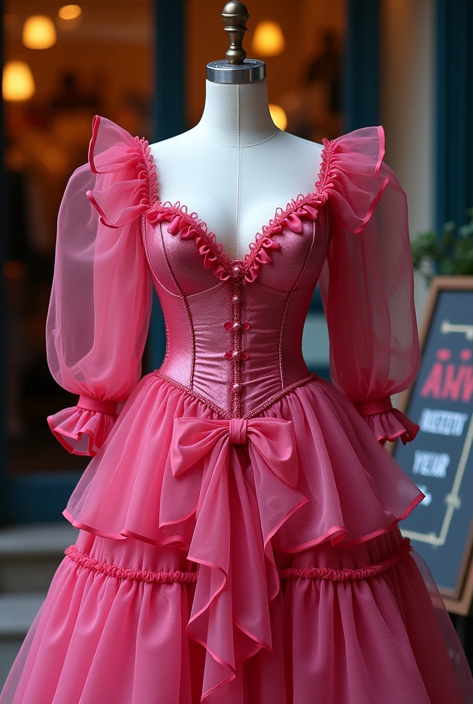The AVN Award for deep V-neck blouse BOOB cleavage OF Sultry Plus-Size Exhibitionist Amorous voluptuous MILF with Boob Cleavage Breasts: The image features an adult costume in a striking fuchsia pink, made from sheer fabric that glows with an ethereal quality. The puffed sleeves offer a nod to historical elegance and fairy tale fantasy, while the layered skirt flows in graceful tiers, adding to the whimsical femininity of the outfit. Displayed on a mannequin in an outdoor setting near a boutique, the costume is framed by a sign or display stand, suggesting its place in a magical, enticing collection