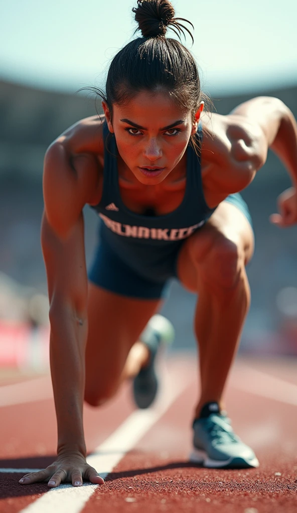 An athlete in mid-motion, getting up after falling during a race, with the finish line visible in the distance. The scene should emphasize determination and resilience.