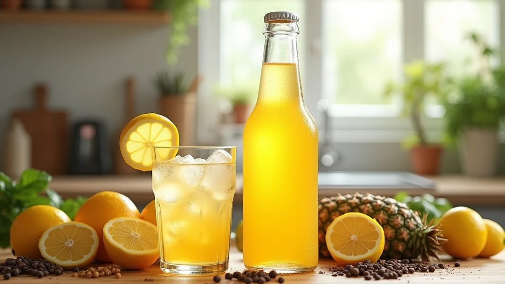 Create realistic a carbonated drink in a beautiful bottle without a label, the color of the drink is like pineapple, with a glass next to it with ice and lemon juice, it is on a kitchen counter, with some fruits and spices, photography, 8k -v
