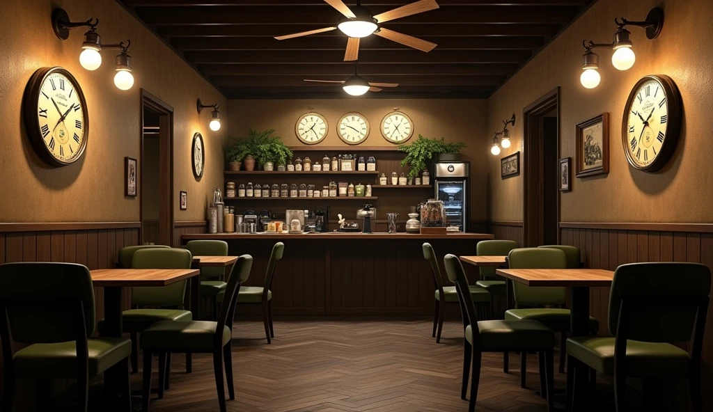 an underground Japanese coffee shop built in 1800, cafeteria with old structure from the seventeenth century, windowless, with six domed lights hanging from the ceiling, coffee shop tinged with a sepia tone inside, almost no light, very dark, on the wall of the cafeteria there were three large, old wall clocks, each with a different schedule, the coffee shop has three seats at the counter, Behind the counter there is a space for employees to enter and shelves with ingredients and coffee machines, and three tables for two people with chairs with cabriolet legs and moss green upholstery, on the ceiling there is a ceiling fan with three wooden blades