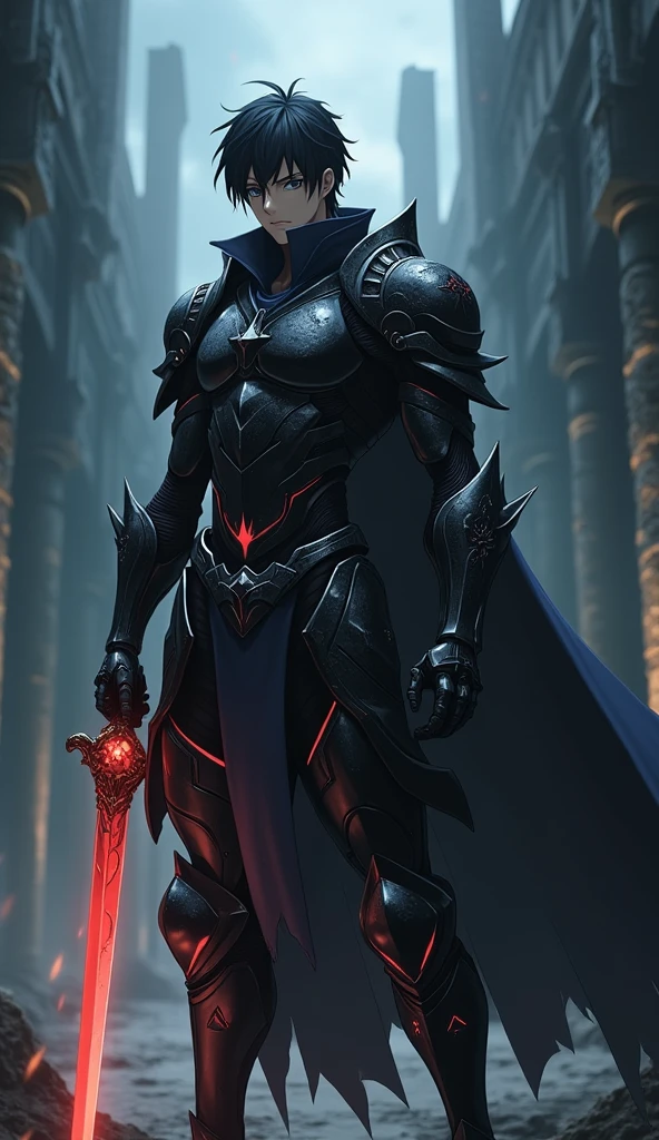 Anime-style dark hunter, tall and athletic build, short dark hair, black intricately designed armor with glowing symbols, wields a sword with a glowing blade, stern and determined expression, scar across face, dimly lit ancient battlefield background with shadows and faint beams of light.