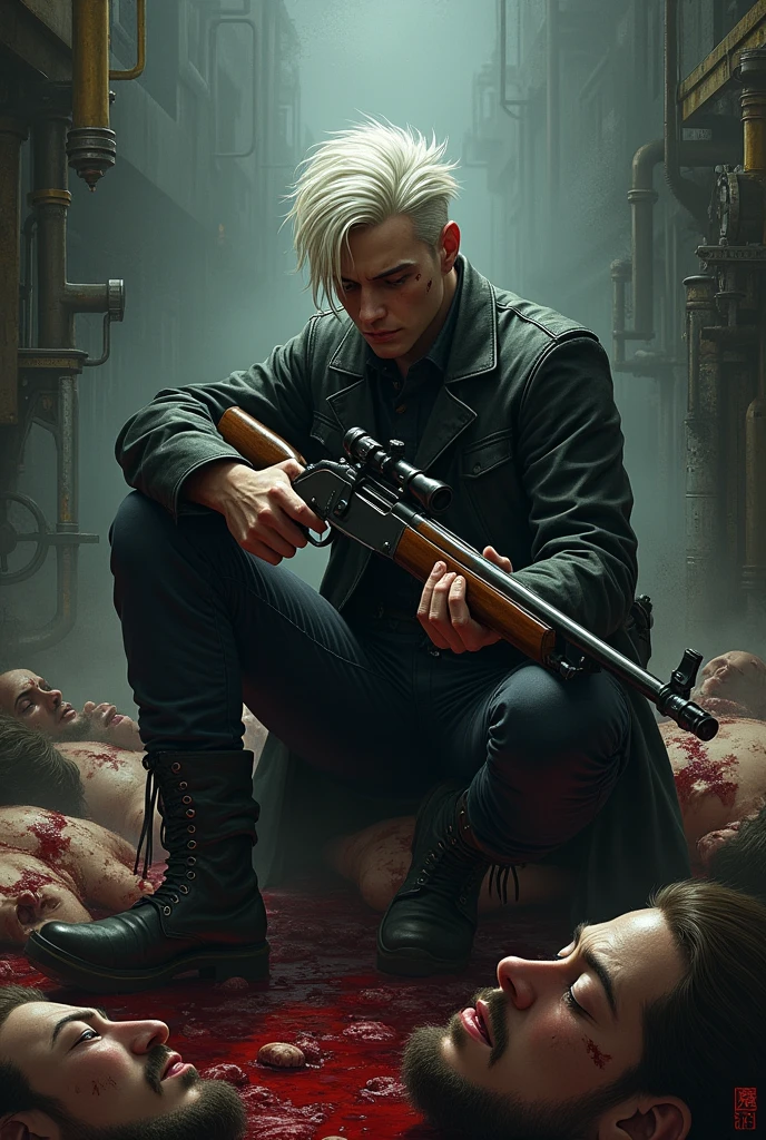 draws a young man with white hair combed back, sitting on a pile of bleeding corpses holding a rifle, steampunk style, the boy has a scar on the right side of his face, a tiger's claw