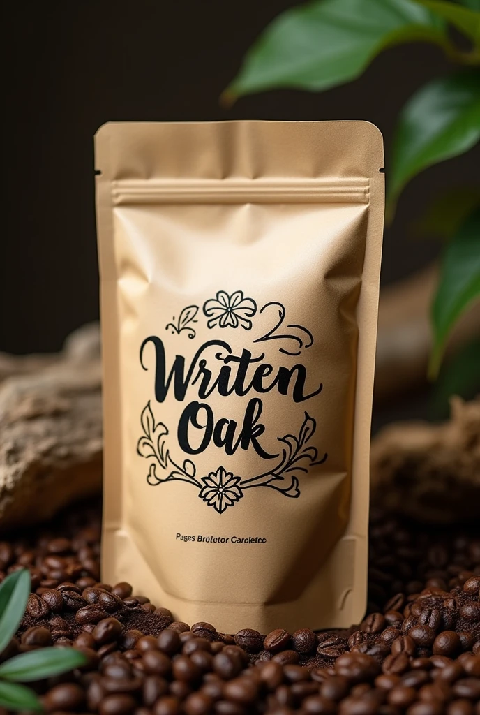 A packet of coffee has writing in the center as a brand:written OAK