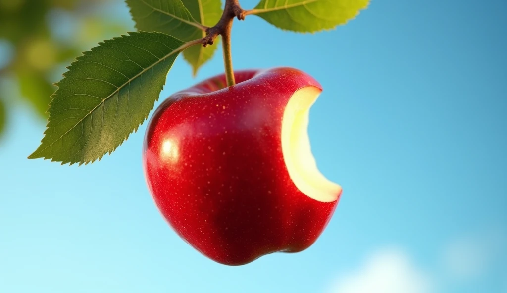A is for Apple, so juicy and sweet:
"A shiny red apple hanging from a tree branch, glistening in the sunlight, with a bite taken out to reveal its juicy interior, set against a blue sky."