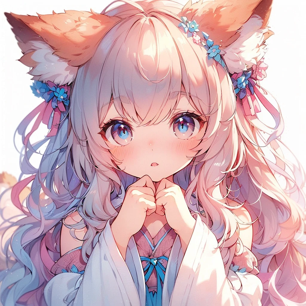 (An exquisite and beautiful highly detailed masterpiece, High quality and high resolution),(A two-dimensional illustration inspired by pixiv, featuring a delicate and beautiful face with a mature, clear, well-balanced look drawn with thin lines. A cute and delicate beautiful girl illustration in pastel colors.),A beautiful, gentle and quiet girl with fluffy fox ears and a tail, cat-like animal eyes, a small mouth, a high nose, and small, sharp fangs, blushes and shyly covers her mouth with both hands, looking up.,Sleeveless sweater,Floating hearts on a white background,(She has light brown, wavy bob hair, fair skin, short eyebrows, pale pink cheeks, a very small nose, small pointed fangs in her mouth, plump pink lips, beautiful animal-like eyes, and a fairly large, plump bust. She is a cute girl with a good figure.),Vibrant colors that stand out,Colored pencil art,Heart mark behind the eyes,Kissing Face