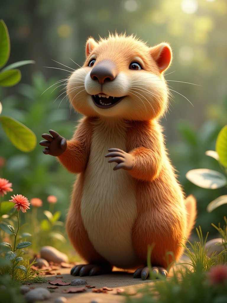 a cute capybara mascot character, detailed realistic 3D render, hyper-realistic, high quality, high detail, 4K, 8K, best quality, digital art, photorealistic, studio lighting, cinematic lighting, ultra-detailed, extremely detailed, highly detailed, intricate details, sharp focus, vibrant colors, colorful, dynamic pose, playful expression, smiling, cute, adorable, furry, fluffy, animal, wildlife, nature, natural environment, outdoor scene, lush vegetation, grass, leaves, plants, beautiful background, dramatic lighting, dramatic shadows, depth of field, artistically composed