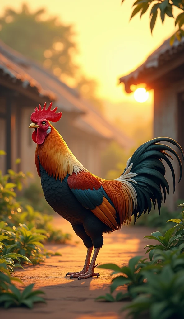 A rustic village house in a poor village of Vietnam with a small garden in front. The first morning sunlight from dawn, the rooster stretches its long neck and wings to crow to welcome the dawn, showing signs of life, full of energy