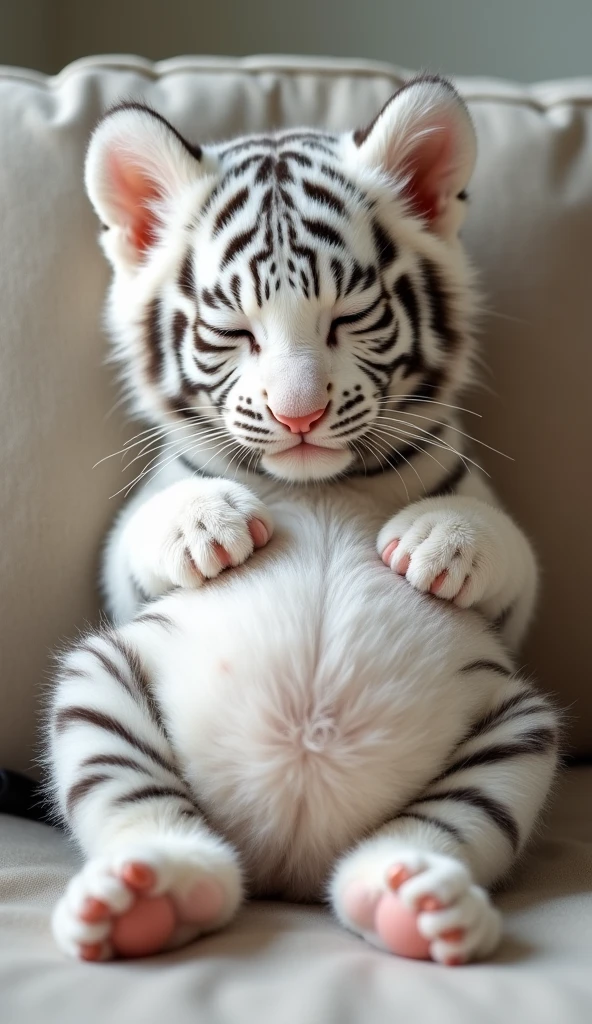 A cute white tiger cub,Real animals， With eyes closed, Cute and cuddly，Fluffy, Delicate and exquisite, Real little tiger，Leaning upright on the sofa，Furry and cute big belly，The pattern on the belly is the same as the body，My belly is very big.，The pattern on the belly is the same as the body，Strike a sexy pose,