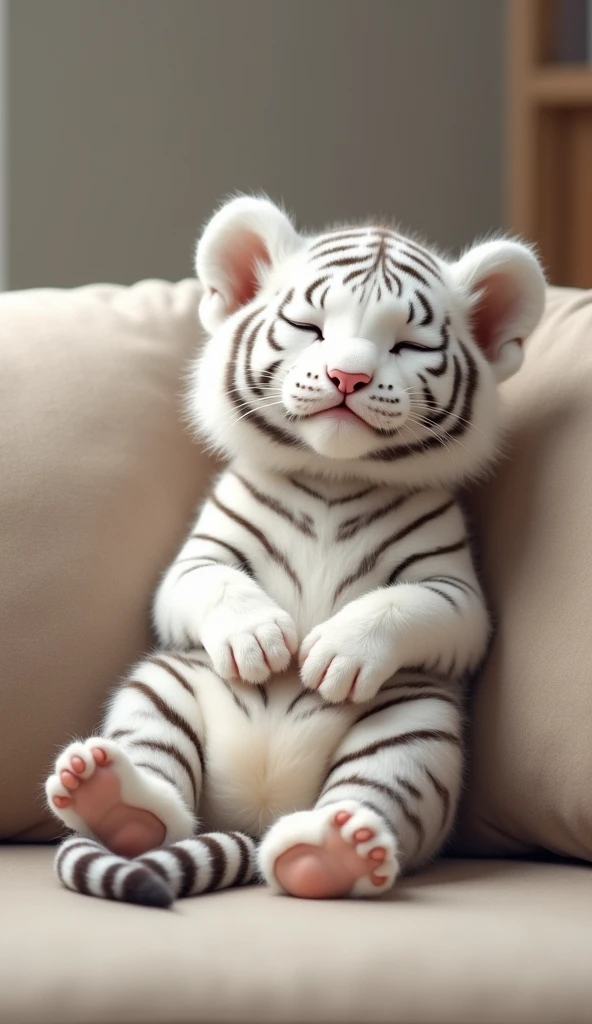 A cute white tiger cub,Real animals, With eyes closed, Cute and cuddly,Fluffy, Delicate and exquisite, Real little tiger,Leaning upright on the sofa,Furry and cute big belly,The pattern on the belly is the same as the body,My belly is very big.,The pattern on the belly is the same as the body,Strike a sexy pose,
