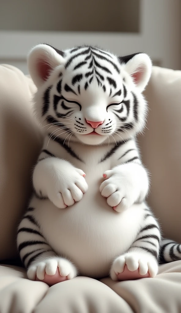A cute white tiger cub,Real animals， With eyes closed, Cute and cuddly，Fluffy, Delicate and exquisite, Real little tiger，Leaning upright on the sofa，Furry and cute big belly，The pattern on the belly is the same as the body，My belly is very big.，The pattern on the belly is the same as the body，Strike a sexy pose,