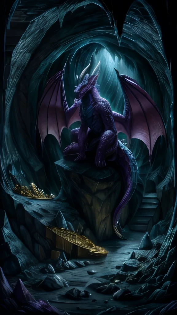 Purple and teal colored dragon. highly detailed with scales, and large bat-like wings. perched on a mountain of treasure inside a cave. dark lighting.