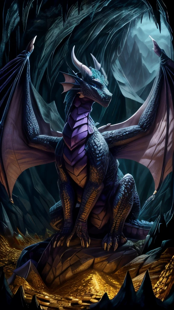 Purple and teal colored dragon. highly detailed with scales, and large bat-like wings. perched on a mountain of treasure inside a cave. dark lighting.