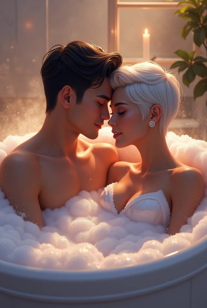 Couple taking bubble bath in bathroom, the woman has very short white hair, violet eyes and light brown skin, and the man is strong and handsome with dark hair